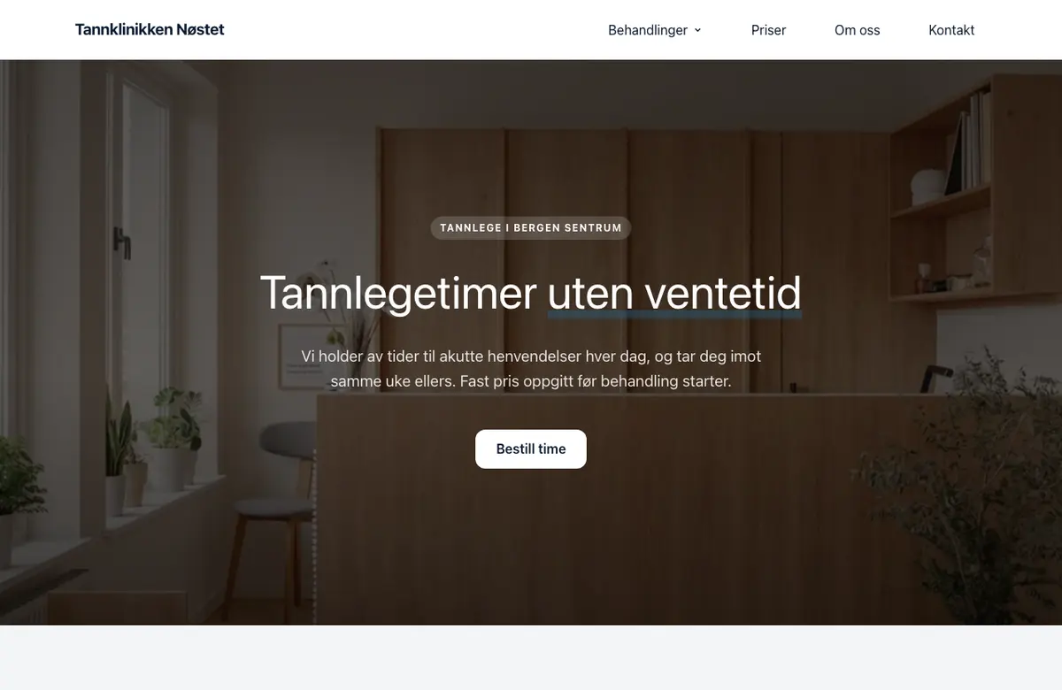 Malen Torg: sentrert og klassisk, med hvite kort og myke skygger, vist med tannklinikkens innhold