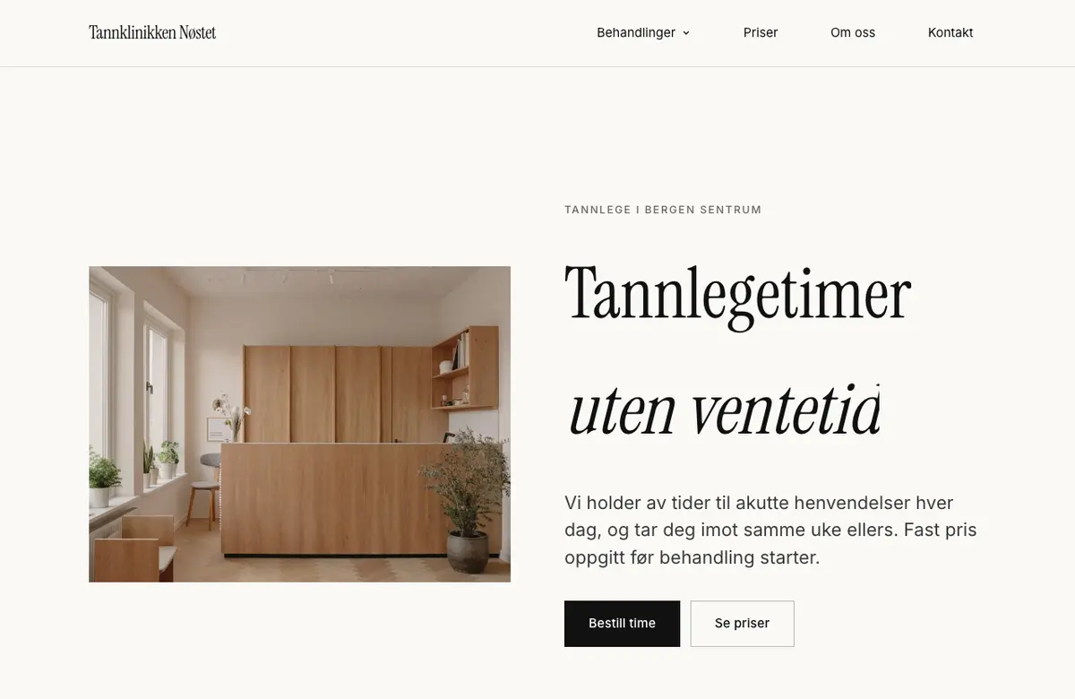 Ferdig nettside for en tannklinikk, bygget av Smartsted